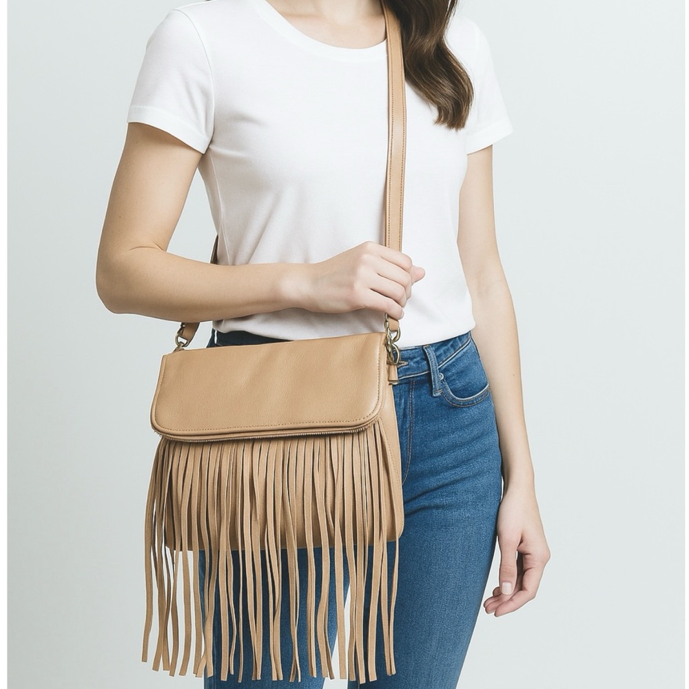 ClaudiaG Camel Tan Leather Fringe Foldover Crossbody Bag Boho Western Festival
